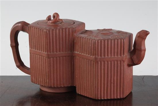 A Yixing pottery double hexagonal teapot and cover, 19th century, 20.5cm